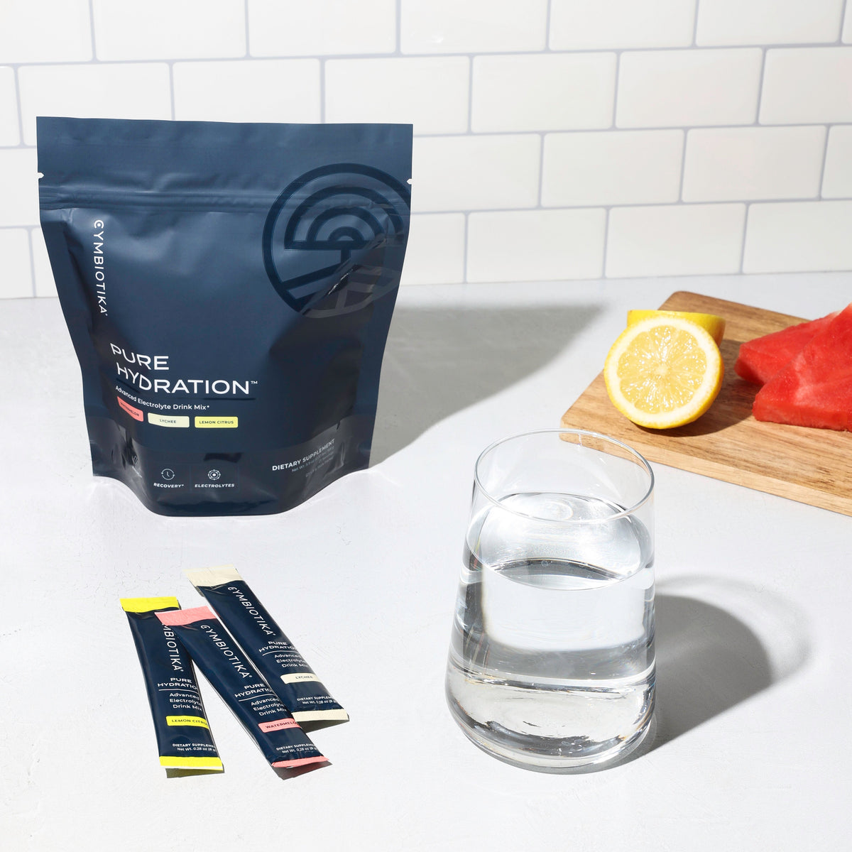 Pure Hydration bag with Pure Hydration packets on a kitchen counter